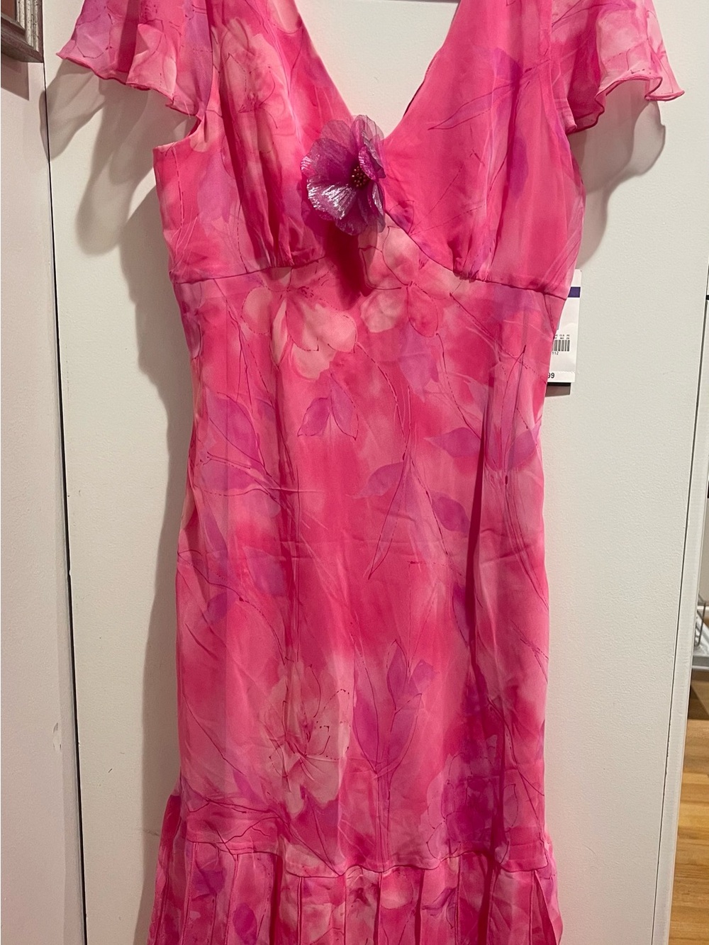 VTG Y2K Pink Floral V-neck Midi Dress Ruffle Hem Dreamy 3D Flower Appliqué Sz 12